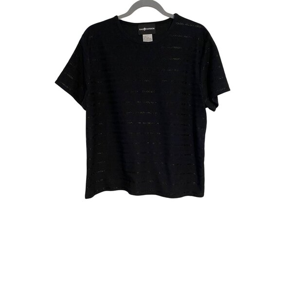 Sag Harbor Tops - Sag Harbor Womens L Top Black on Black Textured Striped Short Sleeve Y2K Casual